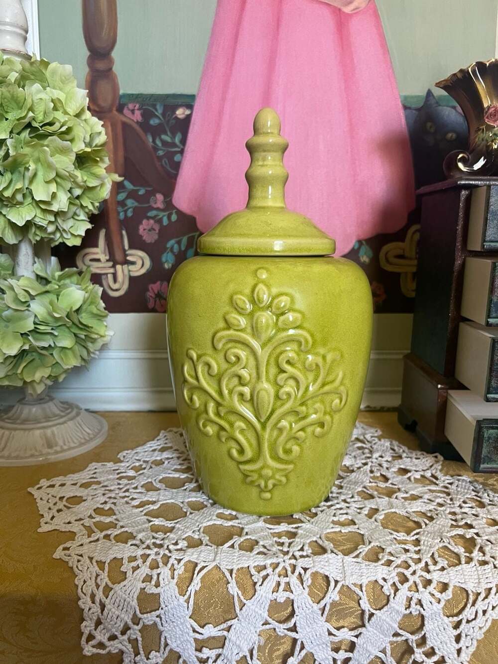 Vintage Ceramic Lidded Jar with Embossed Filigree Scroll Pattern